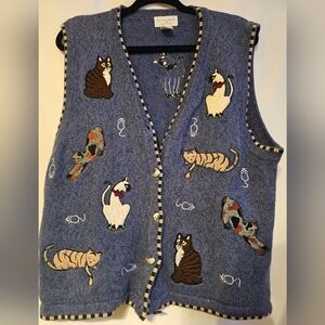 Christopher & Banks Blue Vest with Cat Embroidery